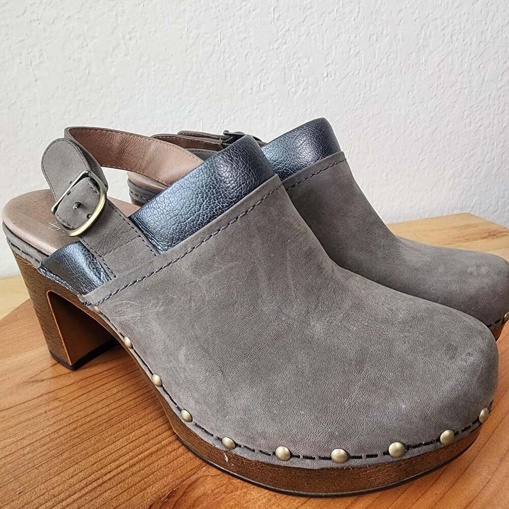 Dansko Shoes Womens Size 9.5 EU 40 Gray Leather Slingback Studded Platform Heel - Picture 8 of 13